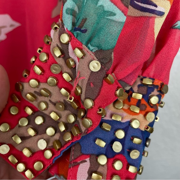 DEPRI Womens Red Floral Blouse Long Studded Cuff Sleeves Keyhole Tie Back - Picture 10 of 12